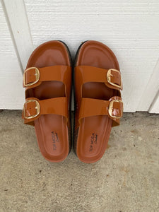 Tan Patent Buckled Slides