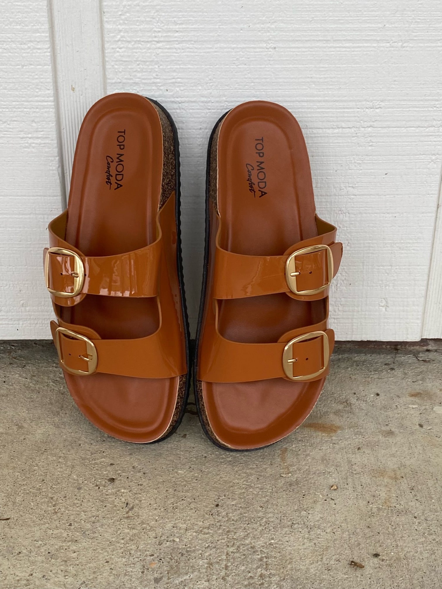 Tan Patent Buckled Slides