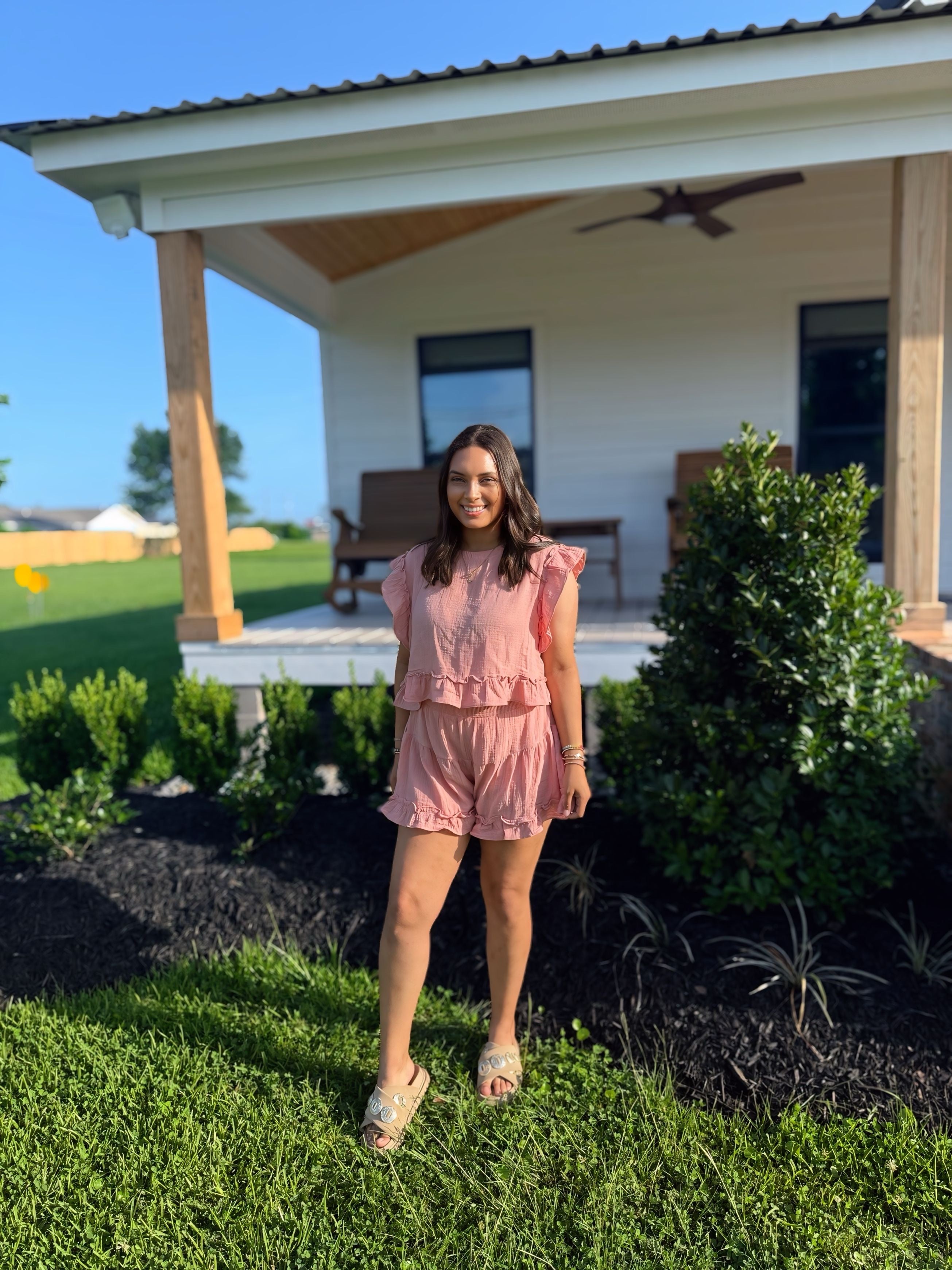 Peachy Picnic Solid Woven Shorts Set