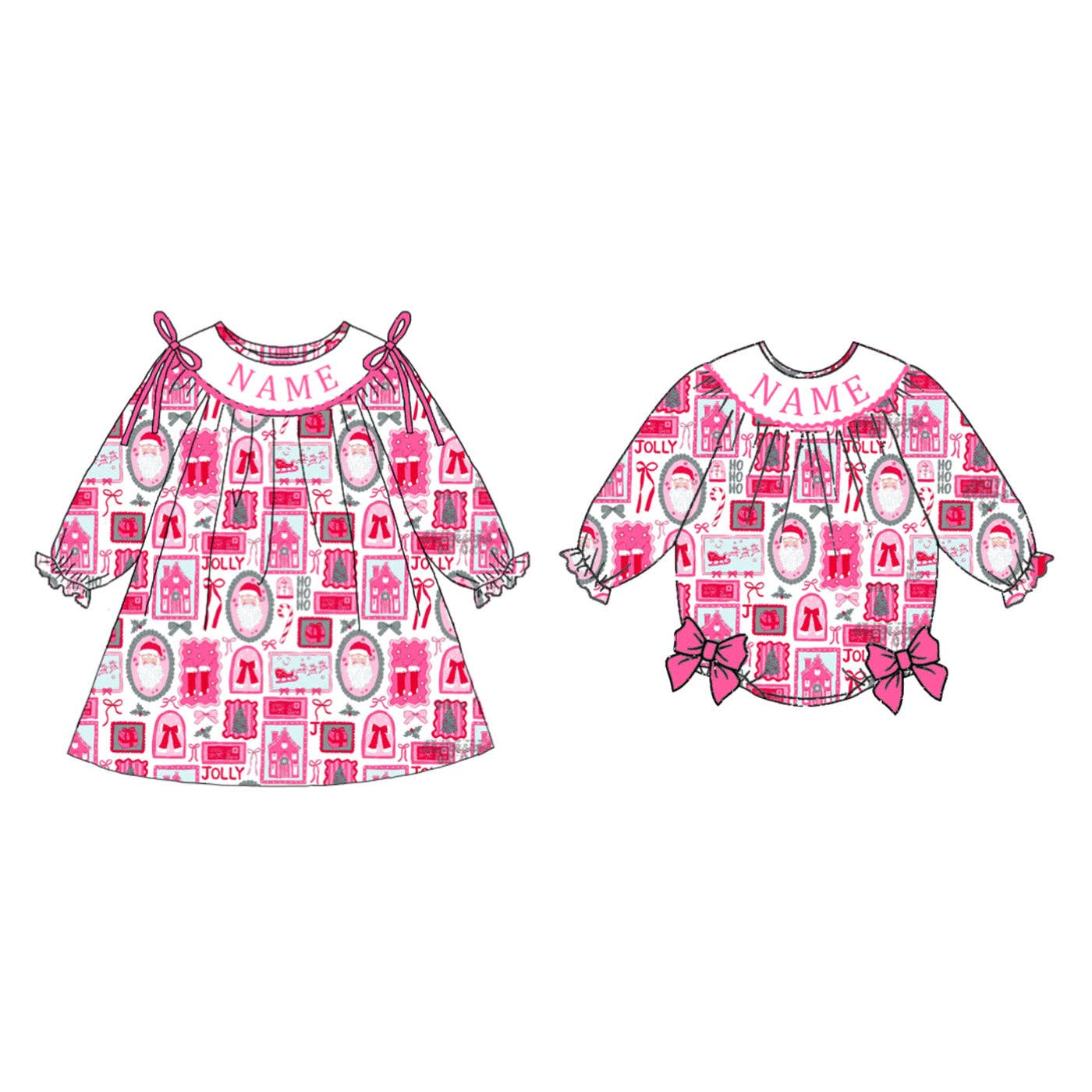 Girls Christmas Custom Name Embroidery Smock Santa Dress & Bubble