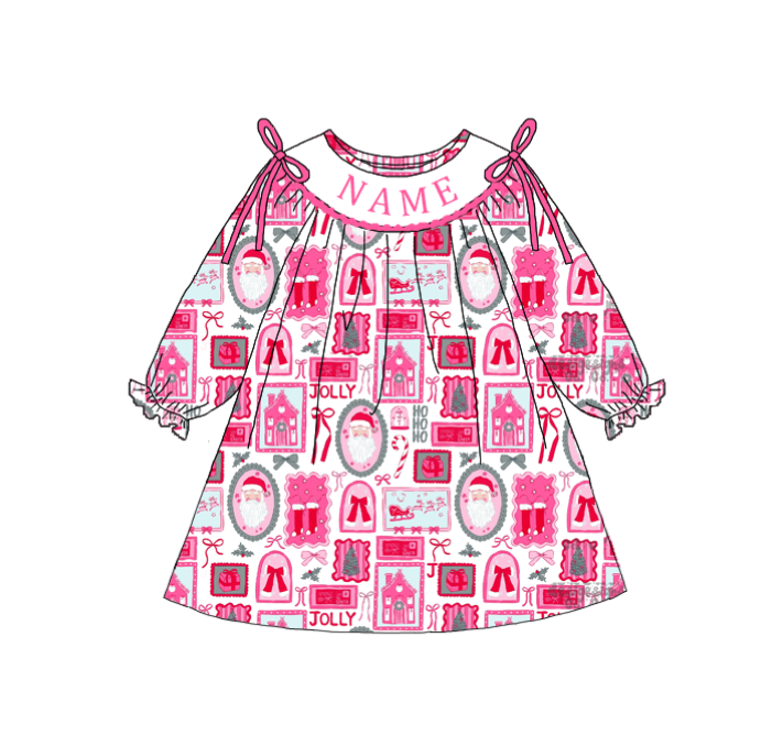 Girls Christmas Custom Name Embroidery Smock Santa Dress & Bubble