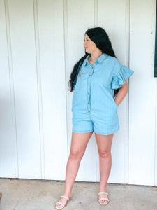 Denim Ruffle Sleeve Romper