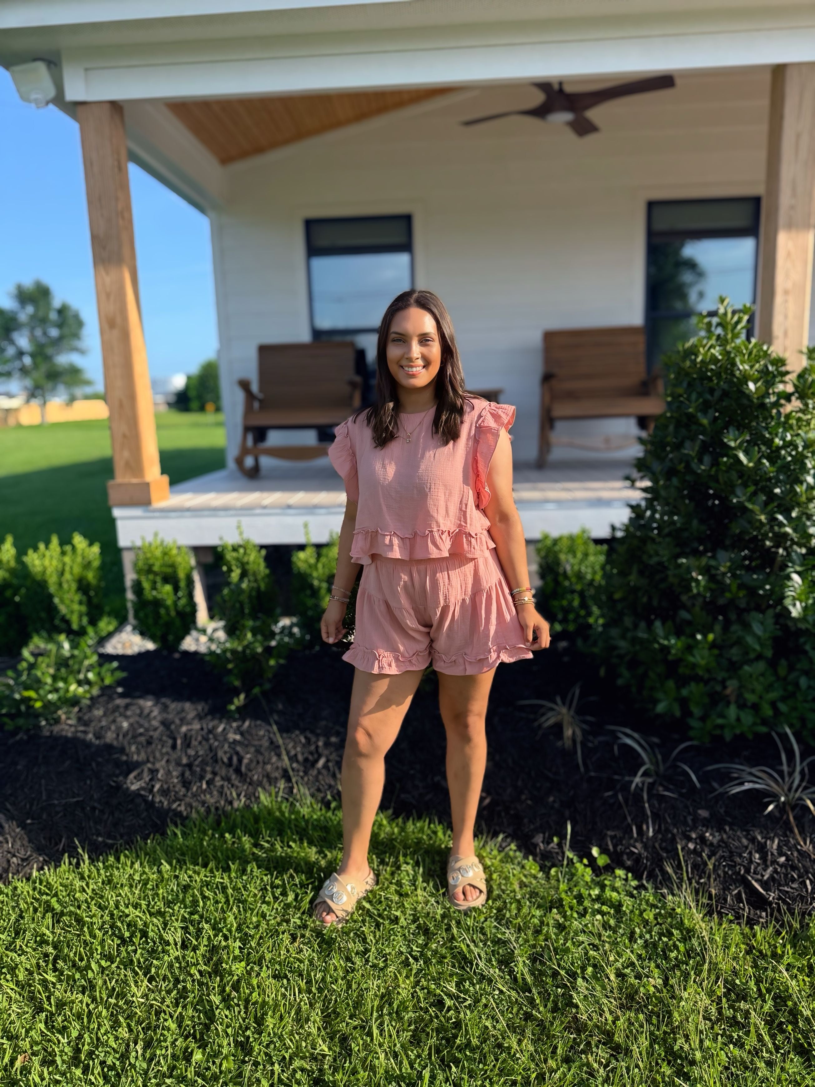 Peachy Picnic Solid Woven Shorts Set
