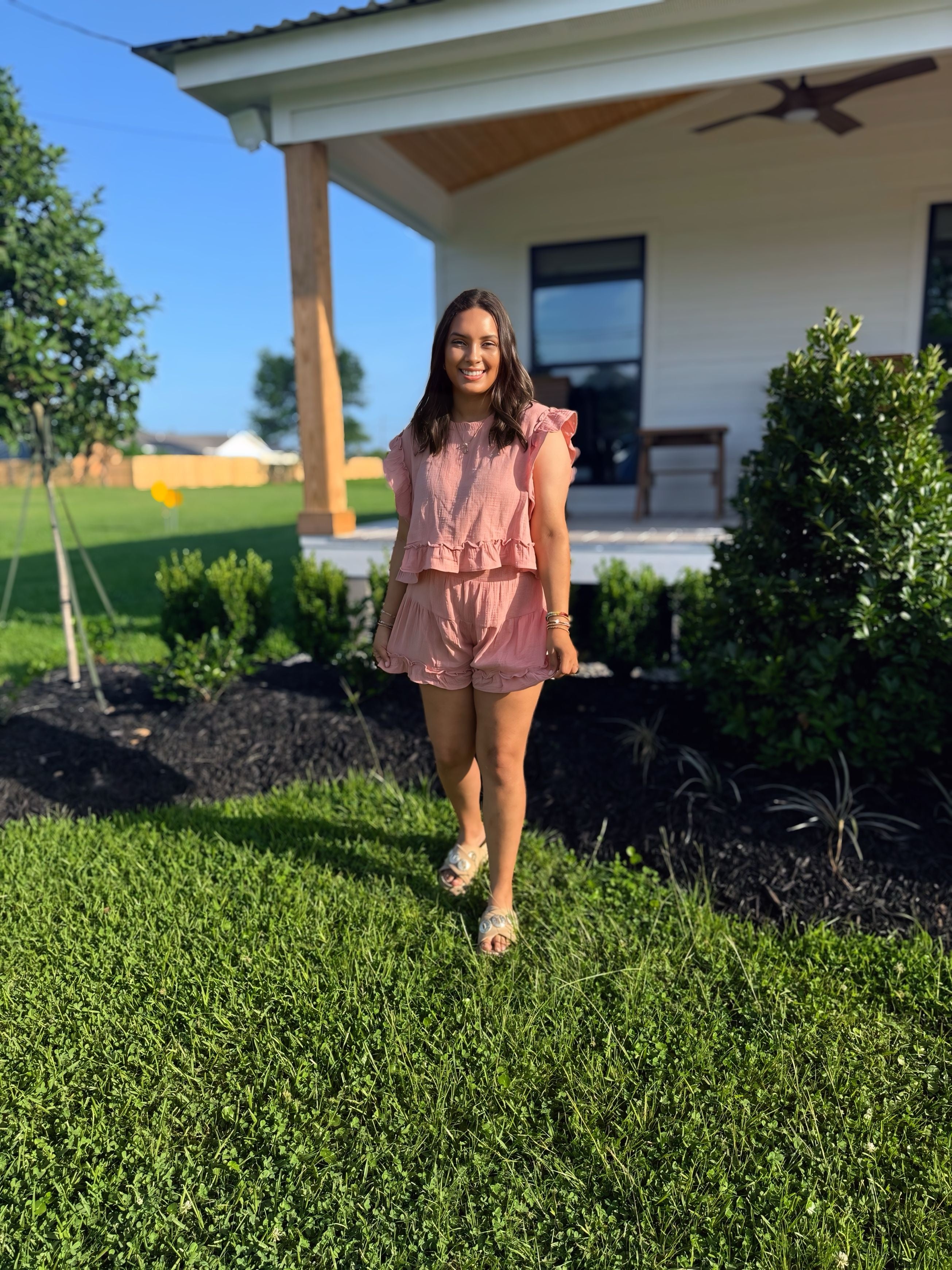Peachy Picnic Solid Woven Shorts Set