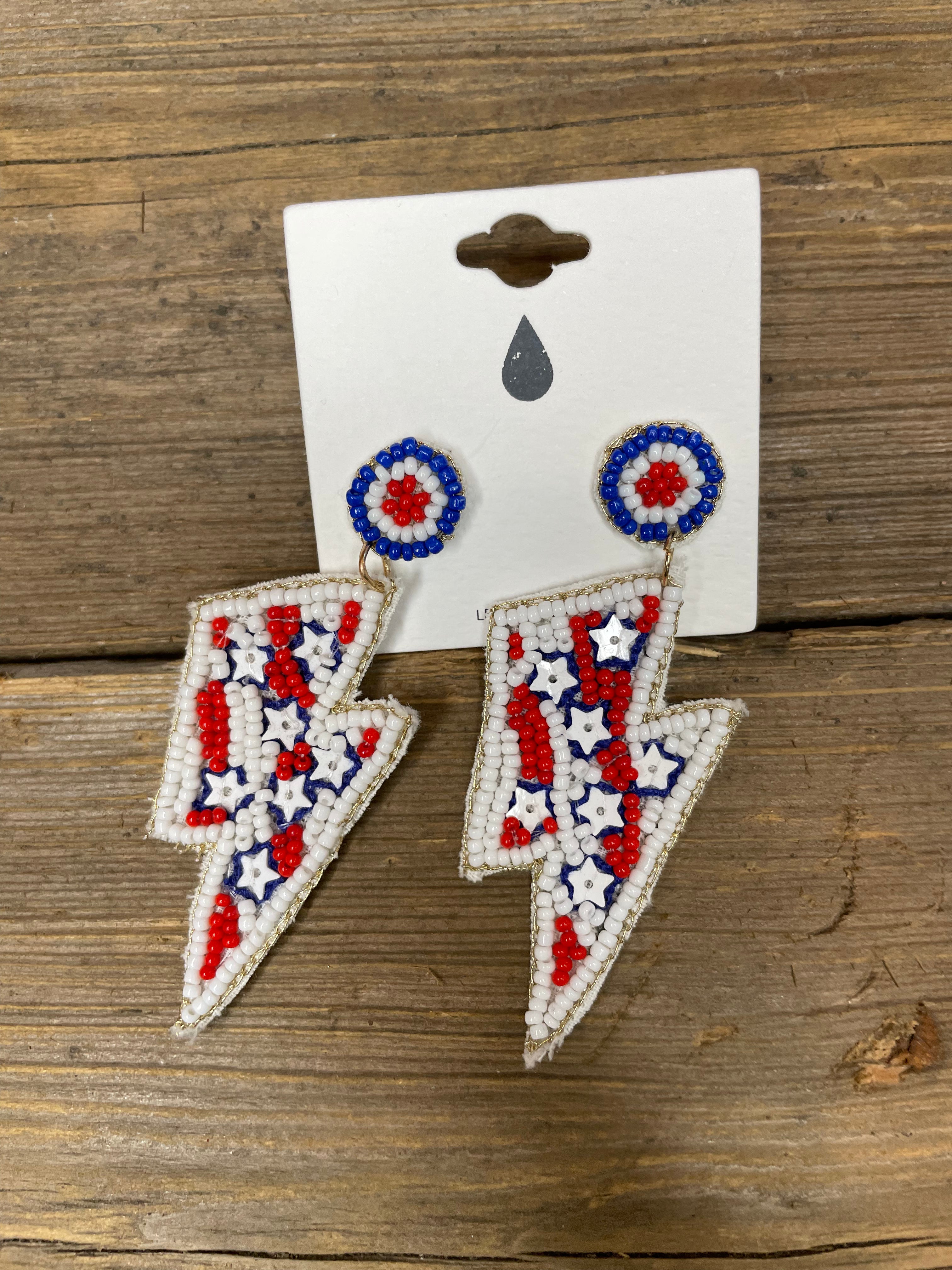 Patriotic Stars and Stripes Lightening Bolt Beaded Earrings